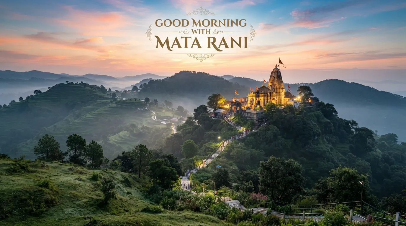 Hilltop temple dedicated to Mata Rani amidst rolling hills at sunrise.