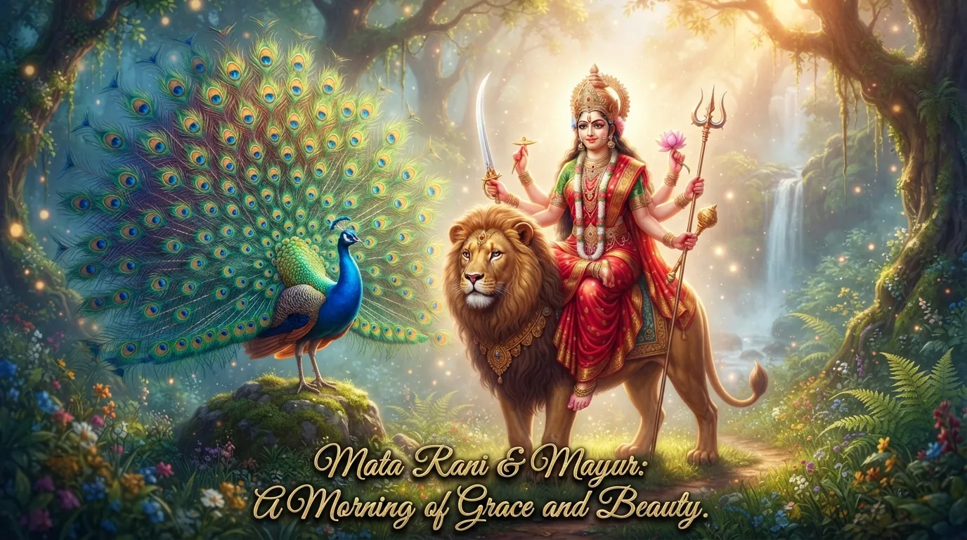 Depiction of Mata Rani with a peacock, symbolizing grace, beauty, and devotion.