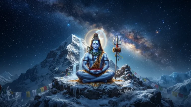 Lord Shiva meditating calmly on a snow-covered Himalayan mountain peak under a starry night sky in 4K resolution.