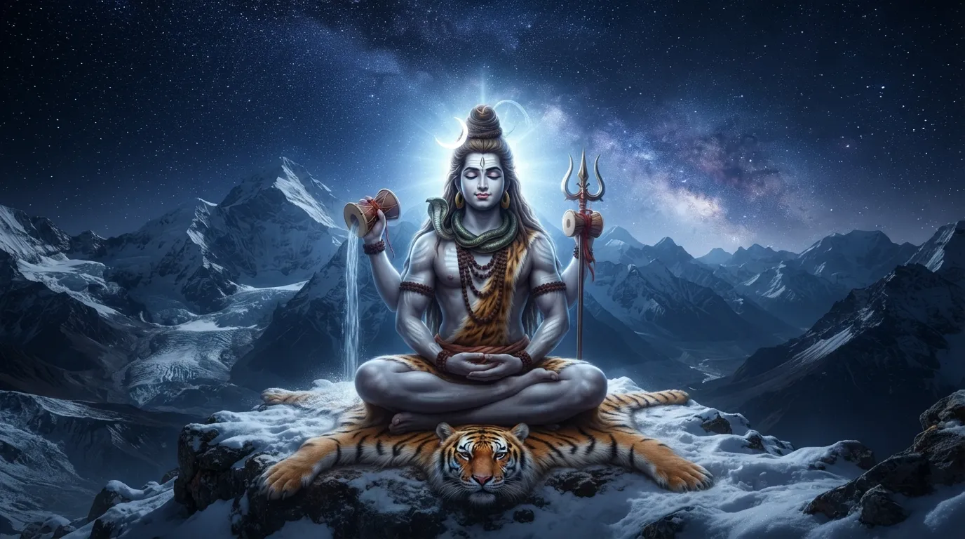 Lord Shiv Bholenath meditating peacefully in the snow-covered Himalayan mountains HD wallpaper