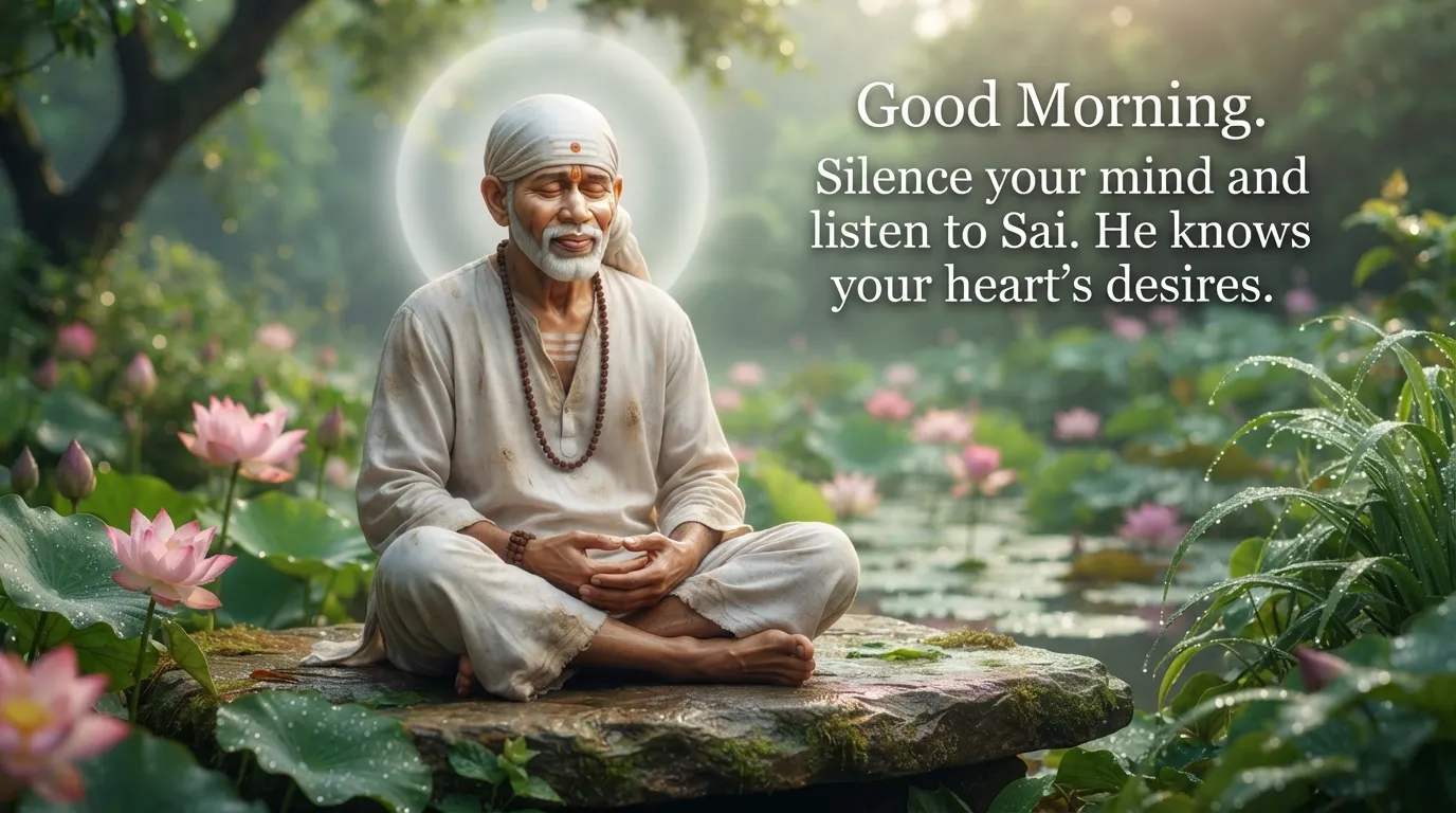 Peaceful Sai Baba in meditation pose morning wallpaper with quote