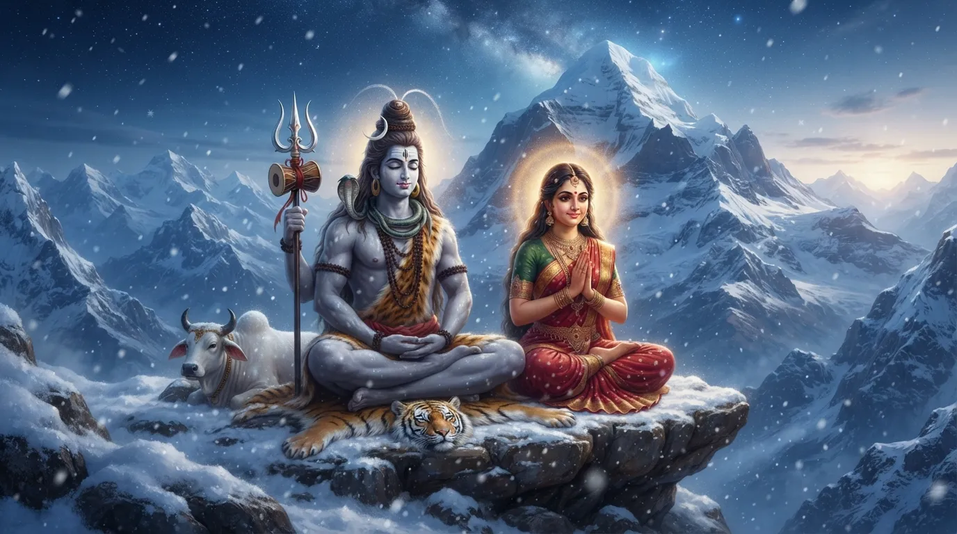 Digital painting of Lord Shiva meditating on snow-covered Mount Kailash while Goddess Parvati watches gracefully