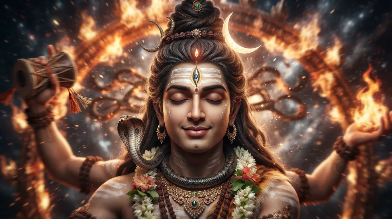 Extreme close-up of Lord Nataraja's peaceful face during the cosmic dance.