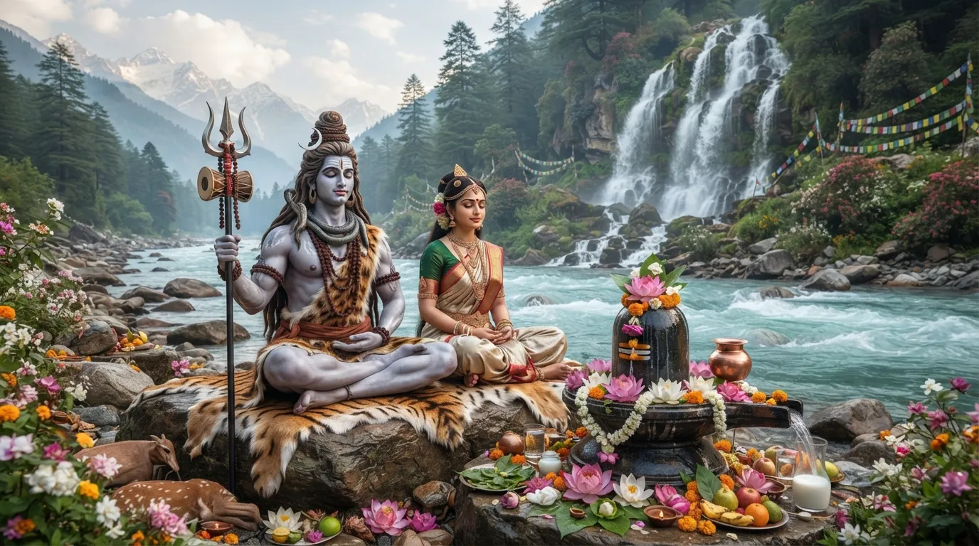 Shiv Parvati meditating during Sawan month near a river