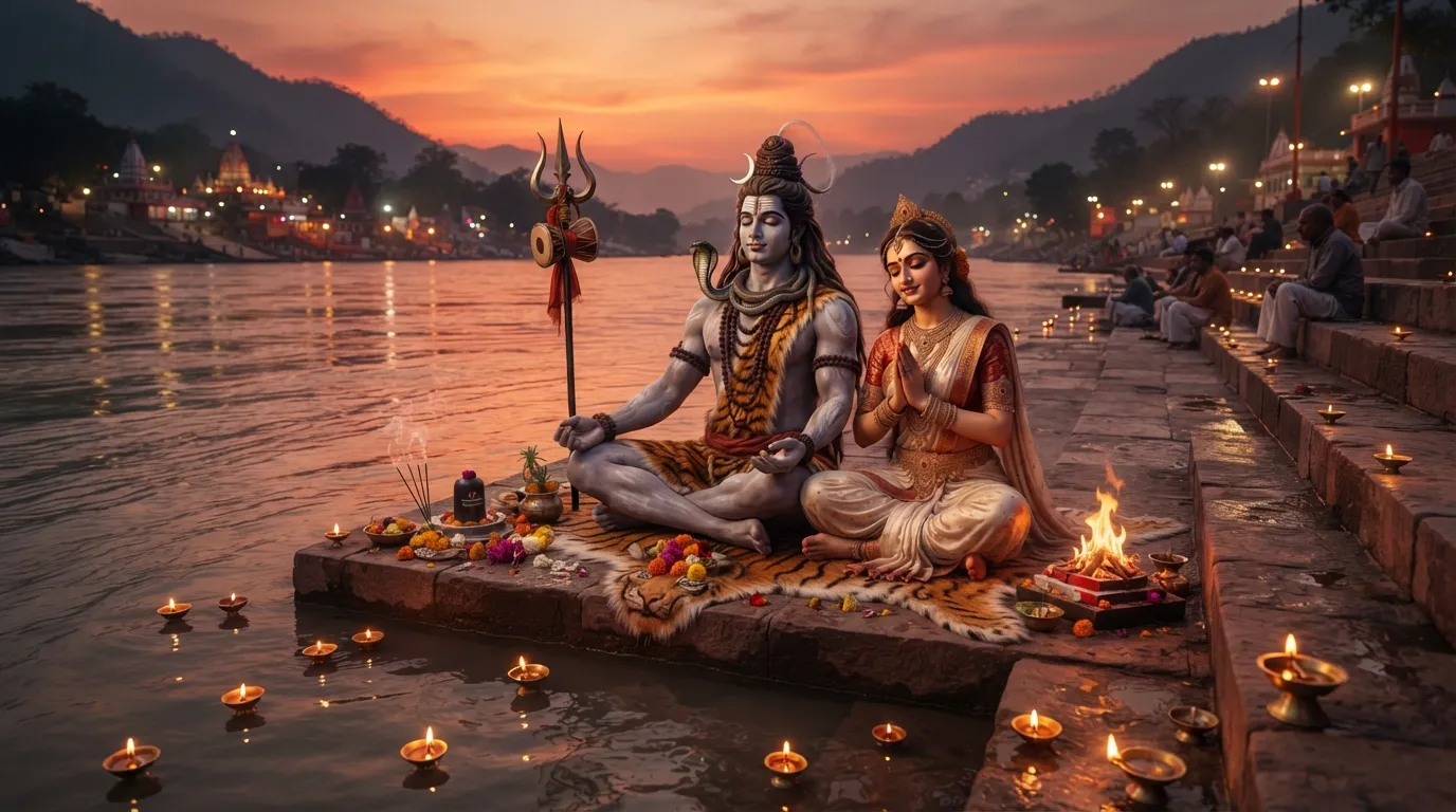 Serene spiritual DP of Shiv Parvati meditating peacefully at the banks of Ganga during sunset.