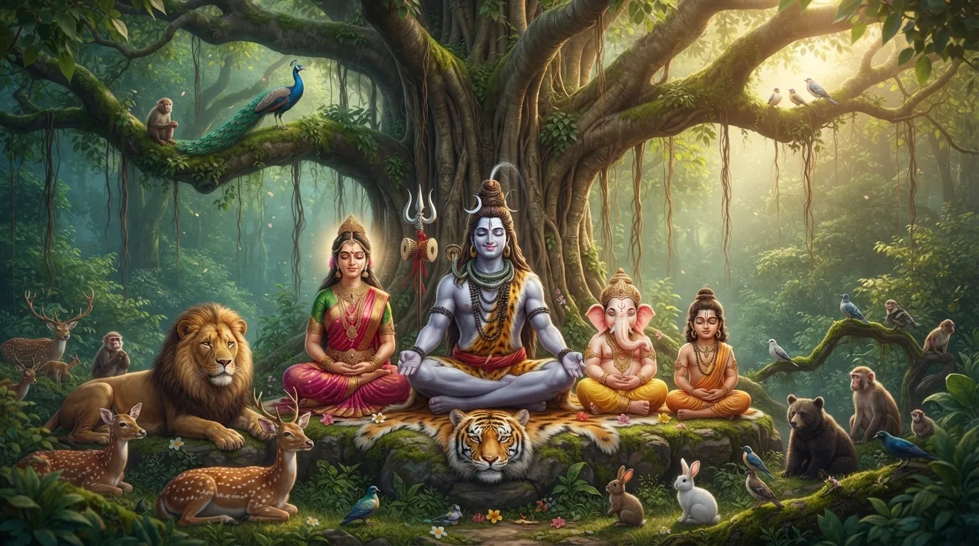 Shiva, Parvati, and their children meditating silently under a sacred banyan tree in a quiet forest