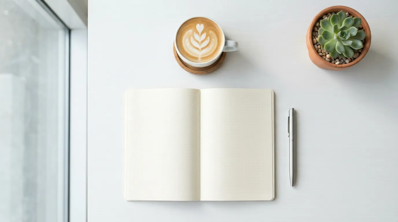 Minimalist today good morning images showing an open journal and a white ceramic mug.