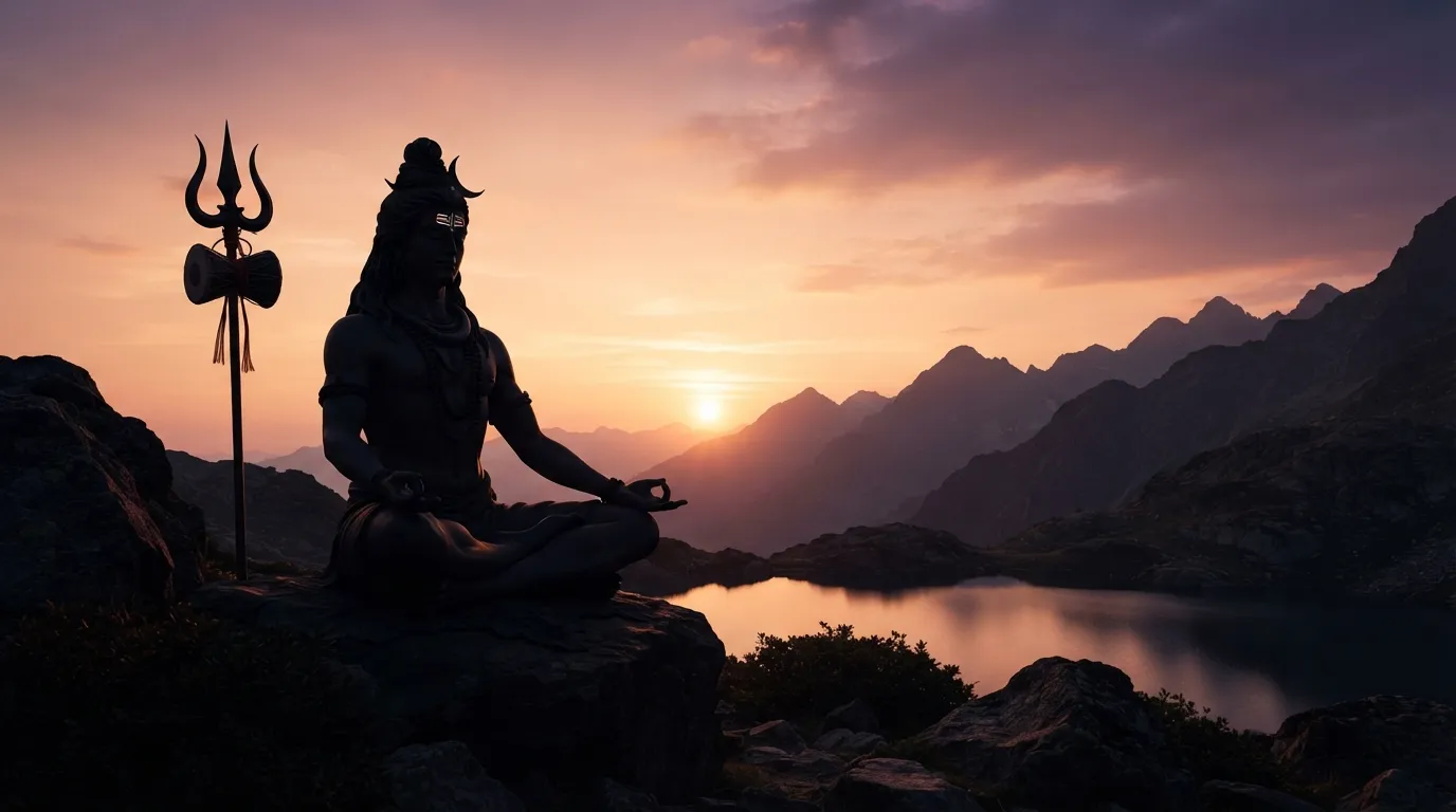 A simple yet powerful wallpaper photo Bholenath, a dark silhouette of Lord Shiva against a warm orange sky.