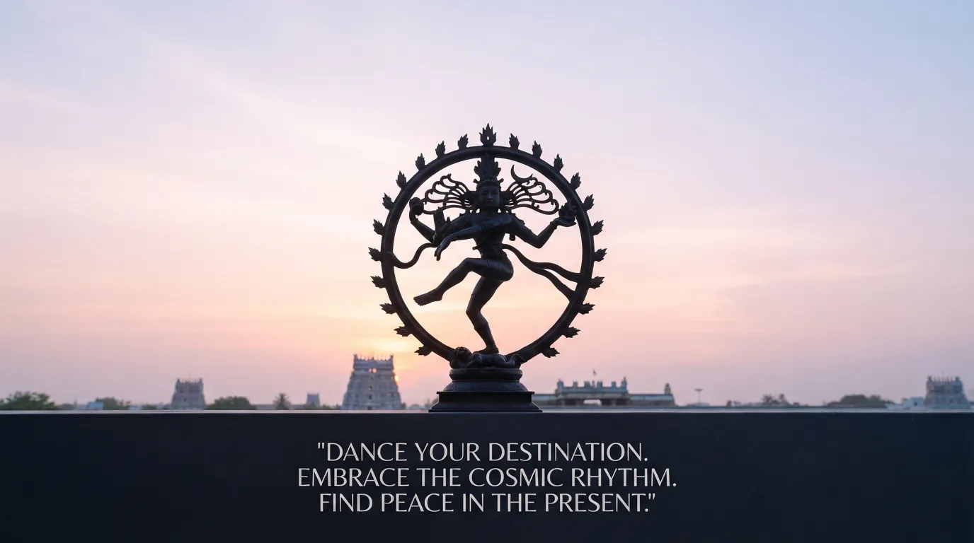 Silhouette of Chidambaram Nataraja statue against a soft pastel morning sky with an inspiring English quote.