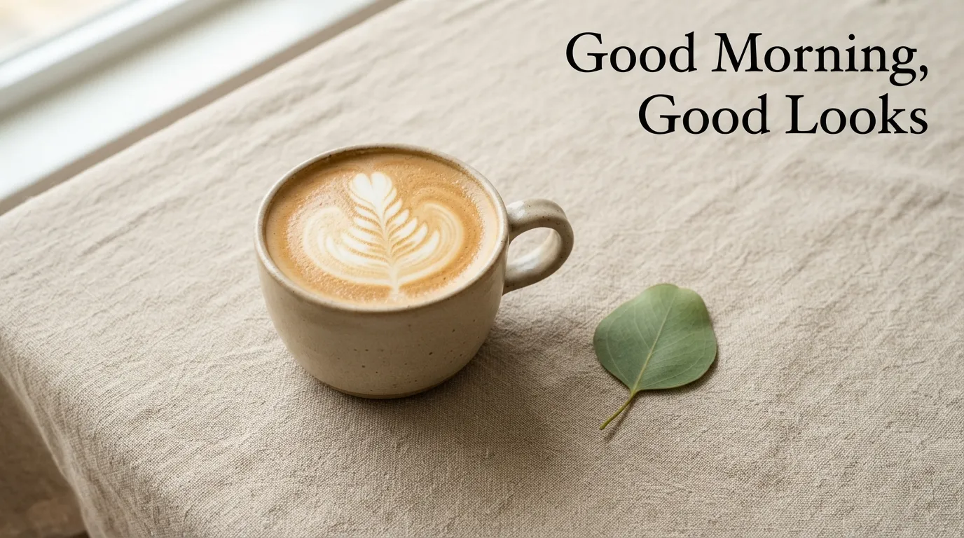 A minimalist flat lay of a coffee cup on a beige background with clean text.
