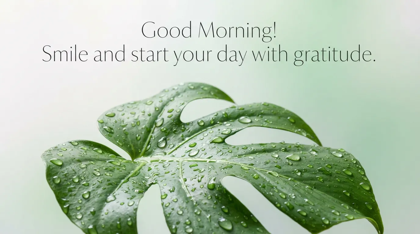 Minimalist clean green leaf with dewdrops and elegant English morning wish.