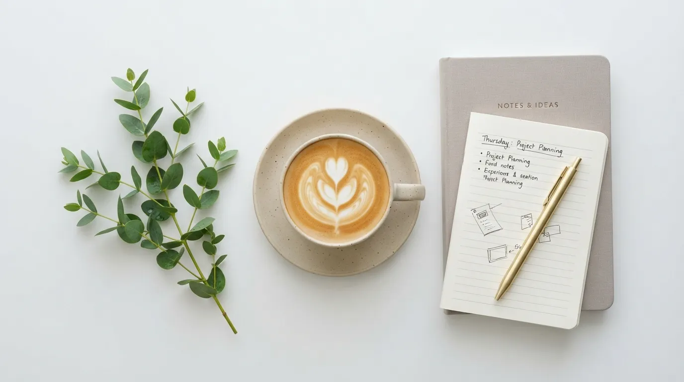 Aesthetic minimalist Sunday morning setup with pastel coffee cup and foliage