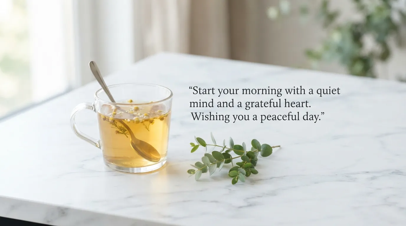 Minimalist morning setup with a glass tea cup and green leaves.