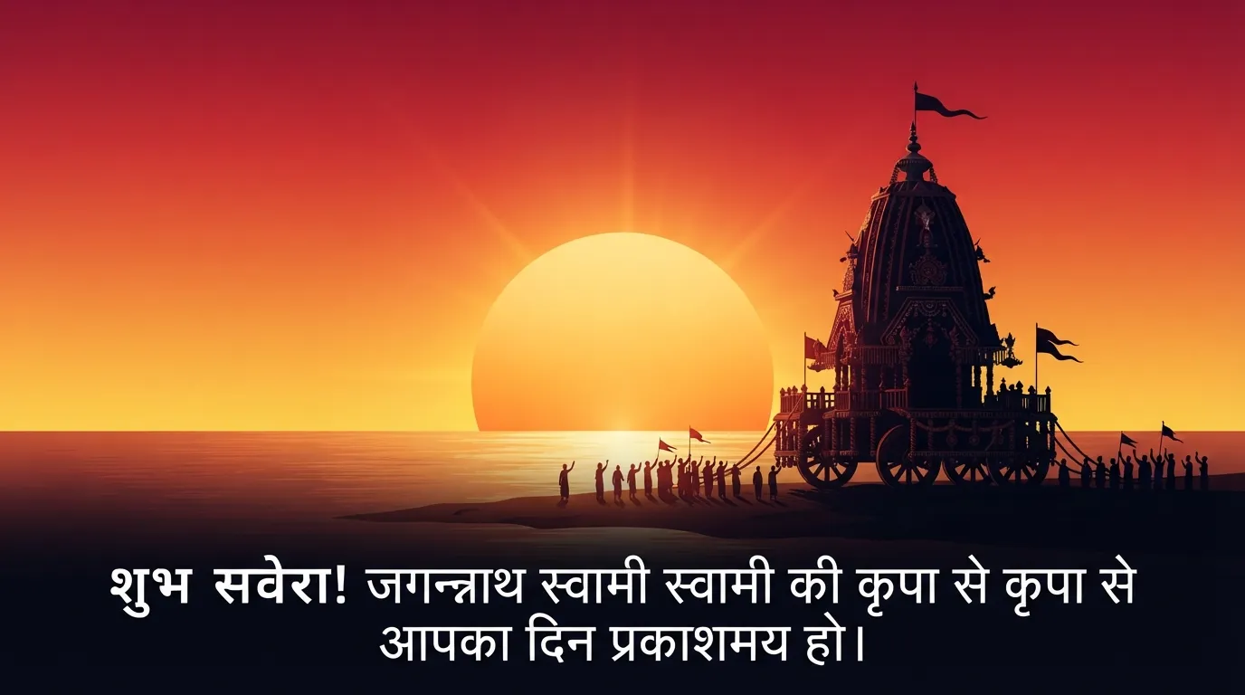 Silhouette of Rath Yatra chariot against a rising sun with Hindi morning wishes.