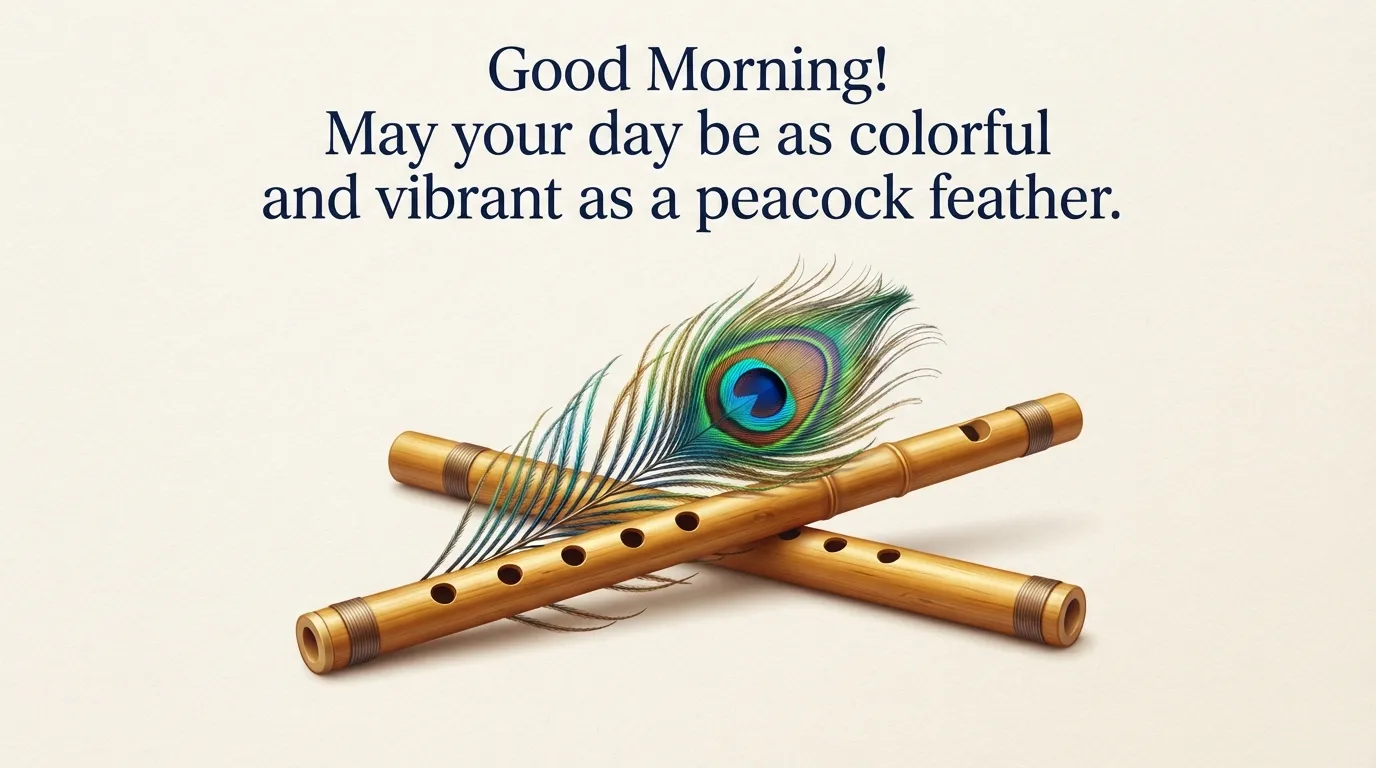 Artistic minimalist design of a peacock feather and a flute with morning text.