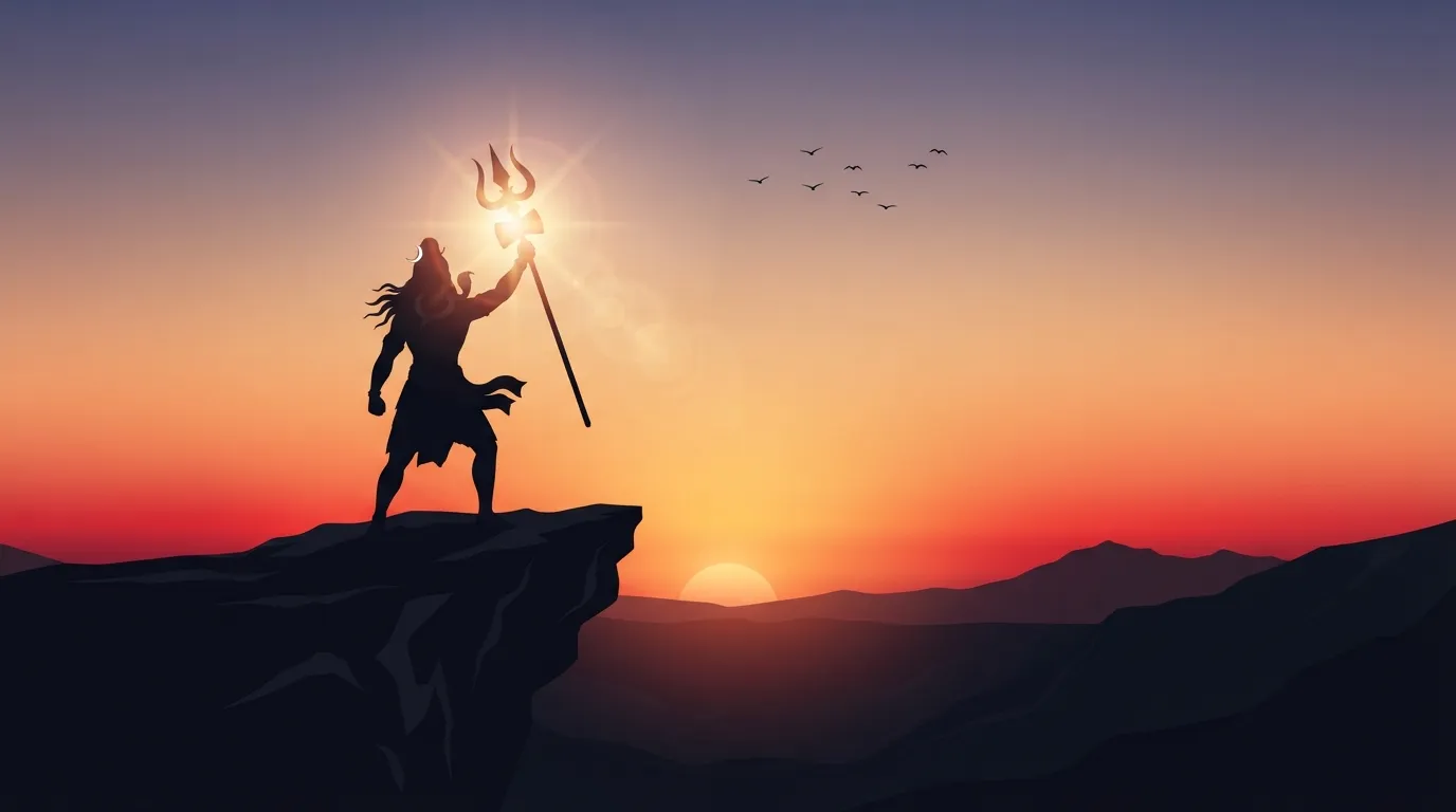 A clean minimalist silhouette of Lord Shiva holding a trident against a warm orange sunset sky.