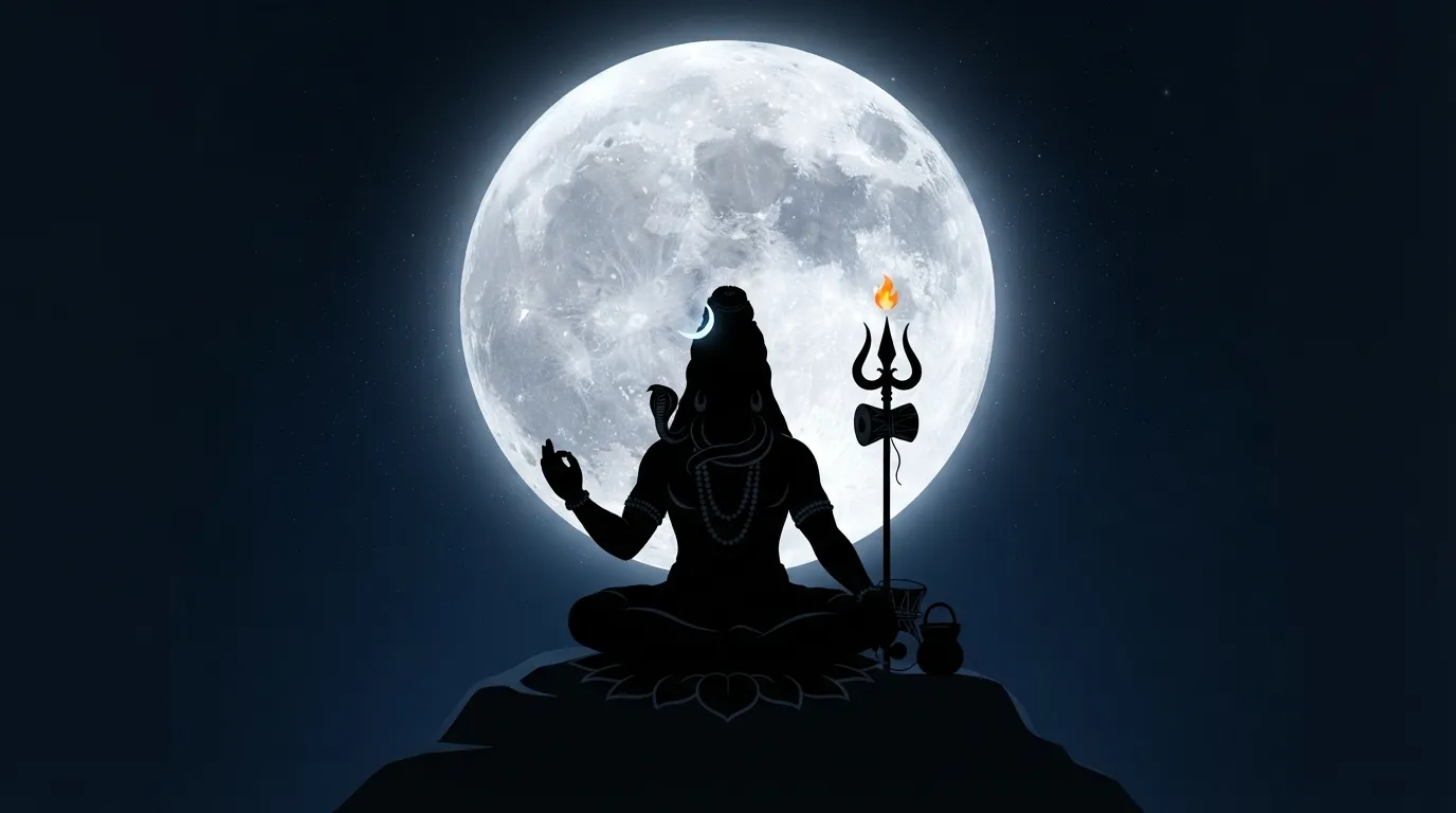 Clean minimalist silhouette of Lord Shiva against a large full moon, elegant Mahadev wallpaper HD 4K phone.