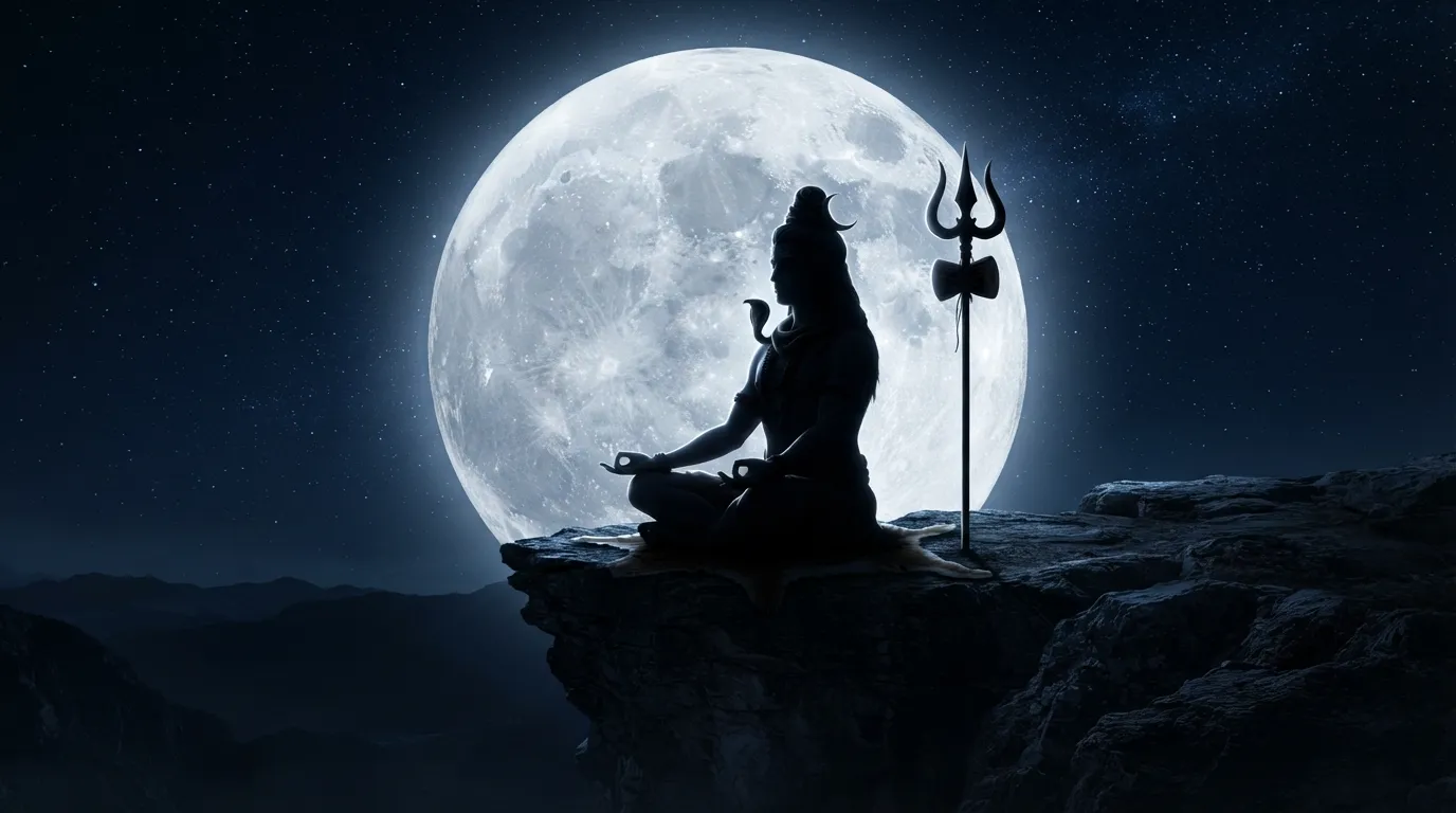 Dark minimalist silhouette of meditating Mahadev against a massive full moon in 4K.