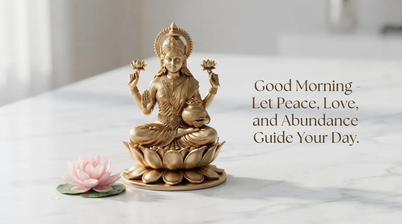 Modern 3D golden sculpture of Goddess Laxmi with good morning greetings