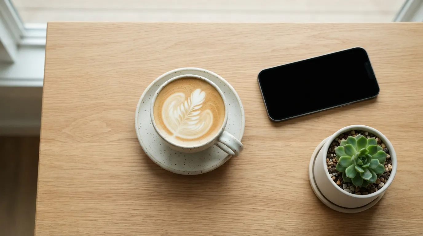 Modern good morning images featuring a coffee cup on a clean wooden table.
