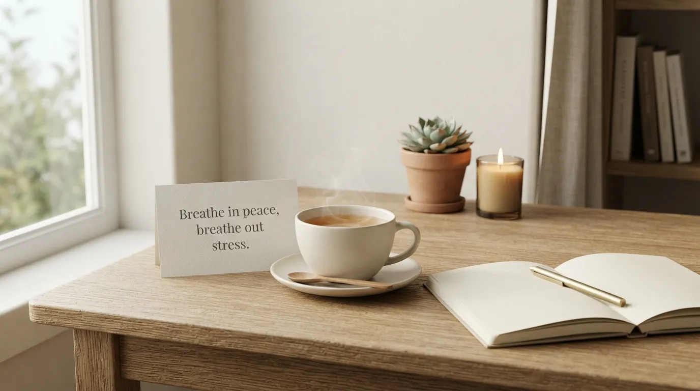 Minimalist home decor scene with a green plant in a vase and a peaceful morning quote.