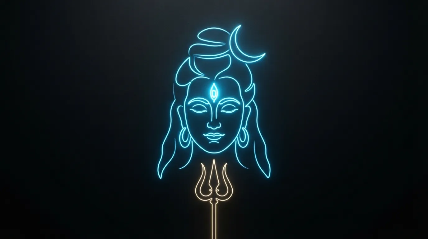 Abstract minimalist 3D artwork of Lord Shiv Bholenath with neon blue outline