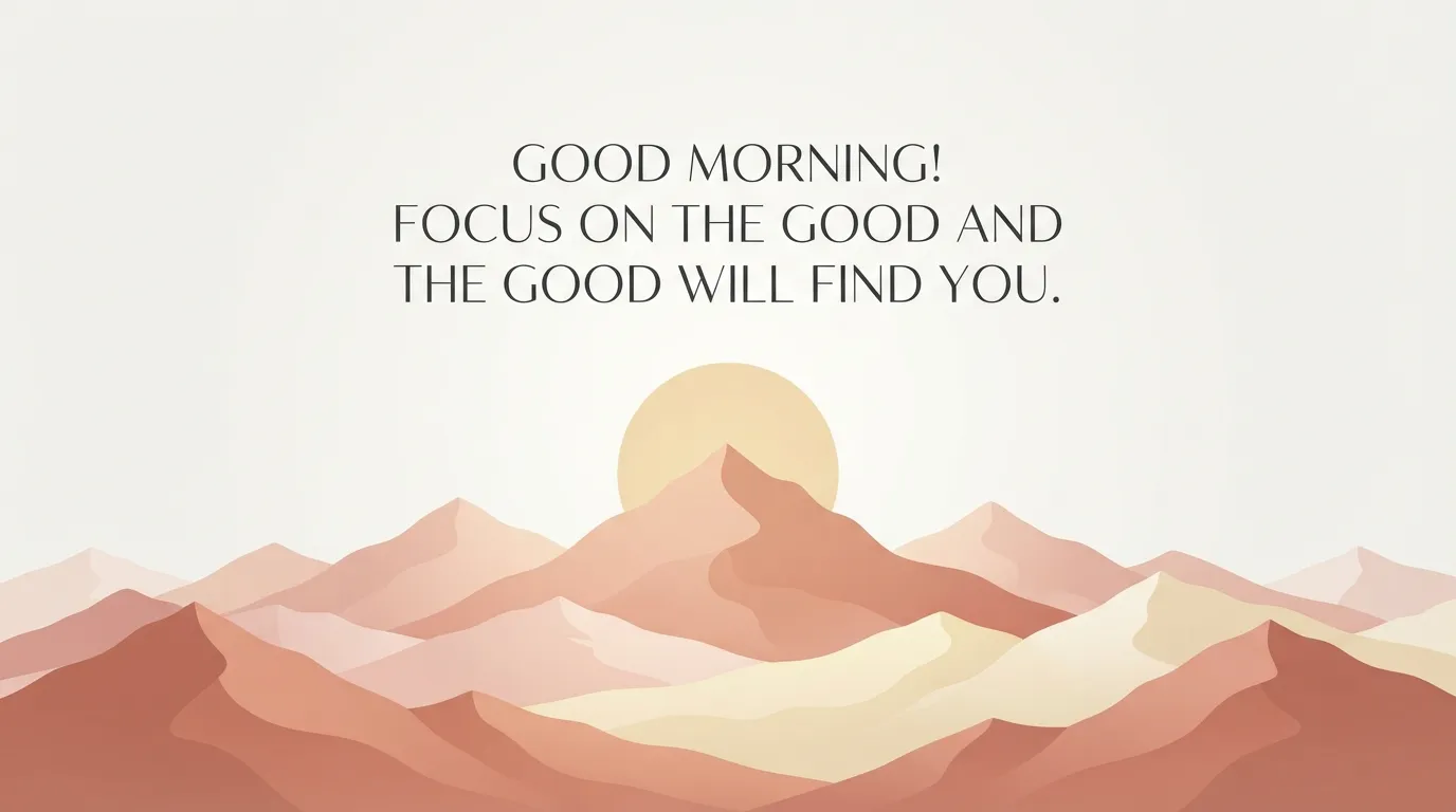 Flat vector minimalist mountain range under a rising sun with a motivational English quote.