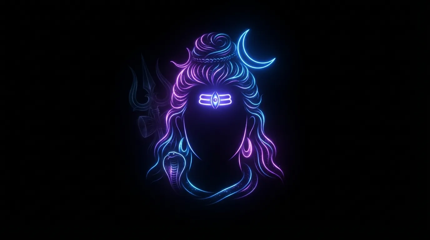 Modern minimalist neon glowing outline silhouette of Lord Shiva, mahadev wallpaper hd 4k for pc.