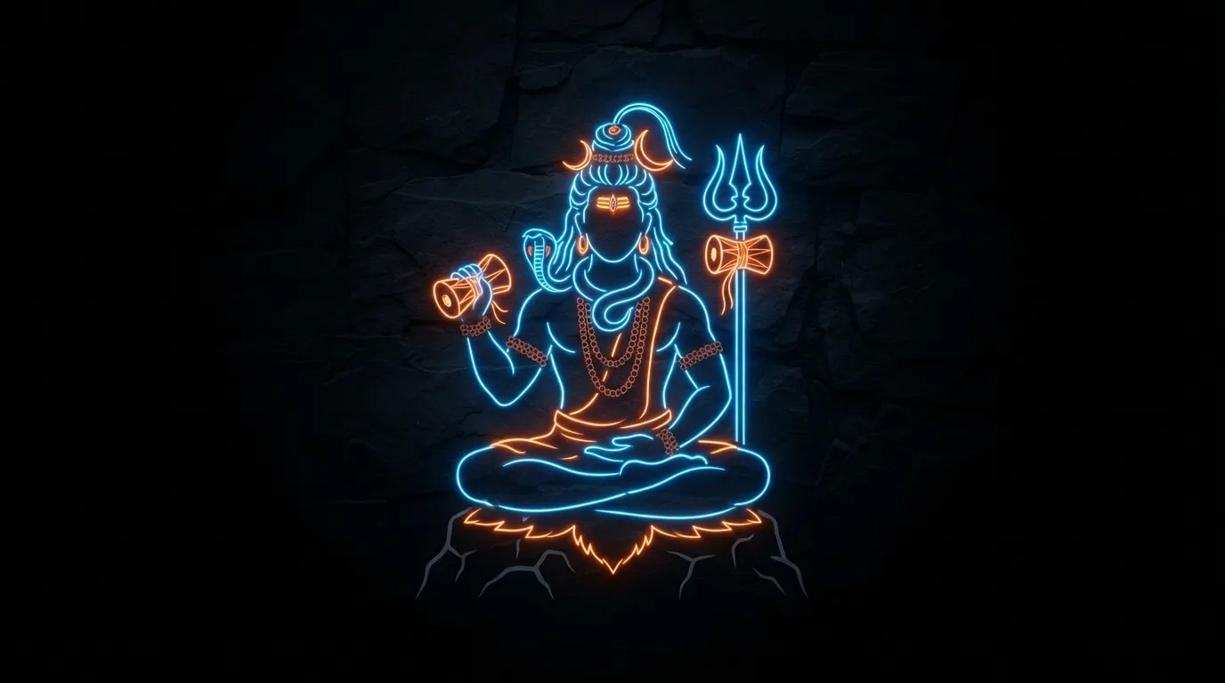 Modern minimalist neon glowing silhouette vector art of Lord Shiva.