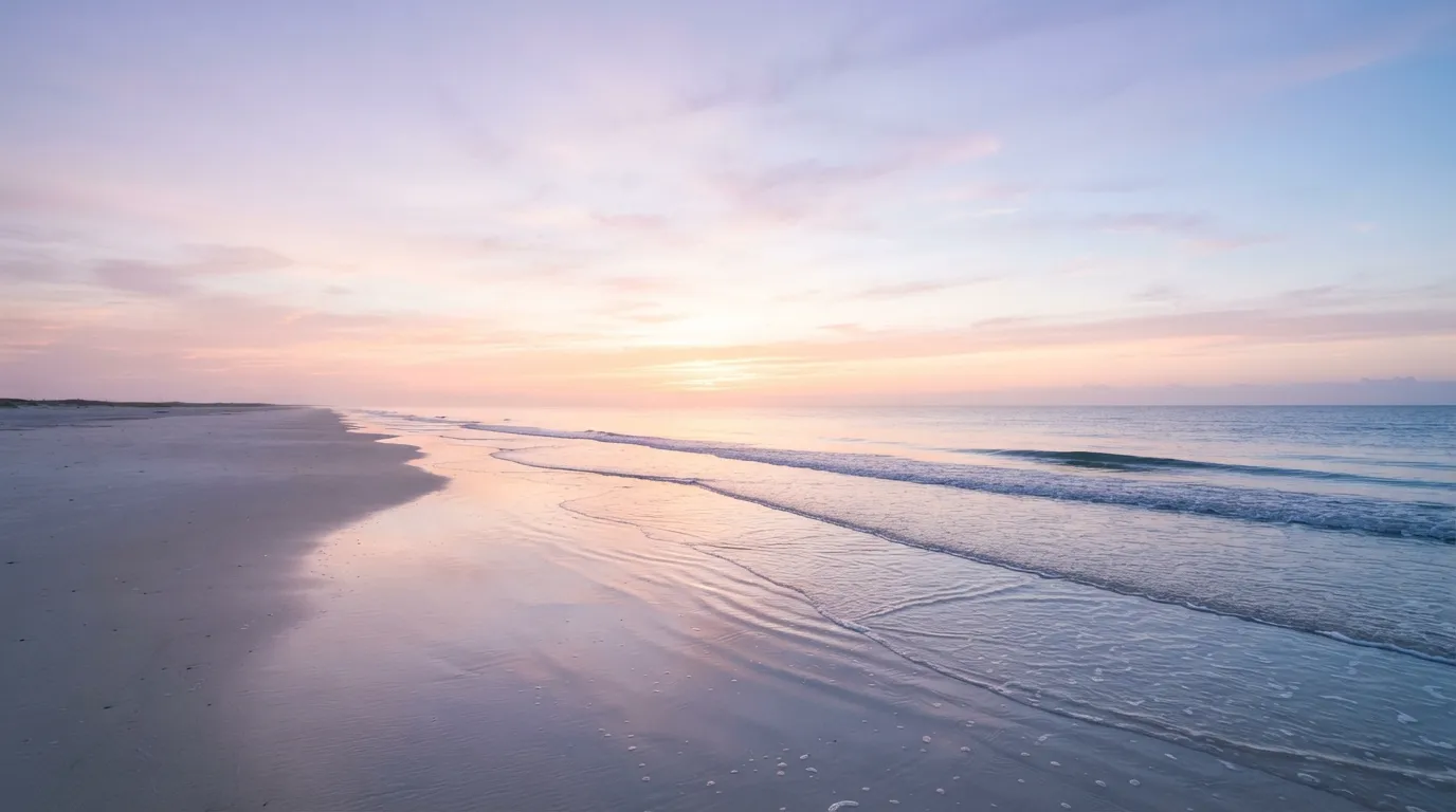 Calm ocean waves washing onto a sandy beach under a pastel pink and orange sunrise sky.