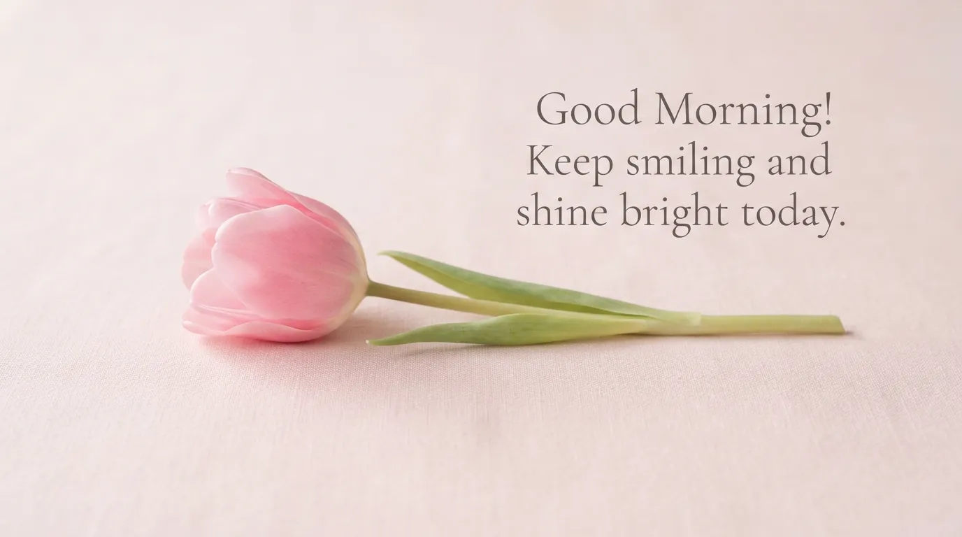 A single pink tulip with an elegant English good morning greeting text.