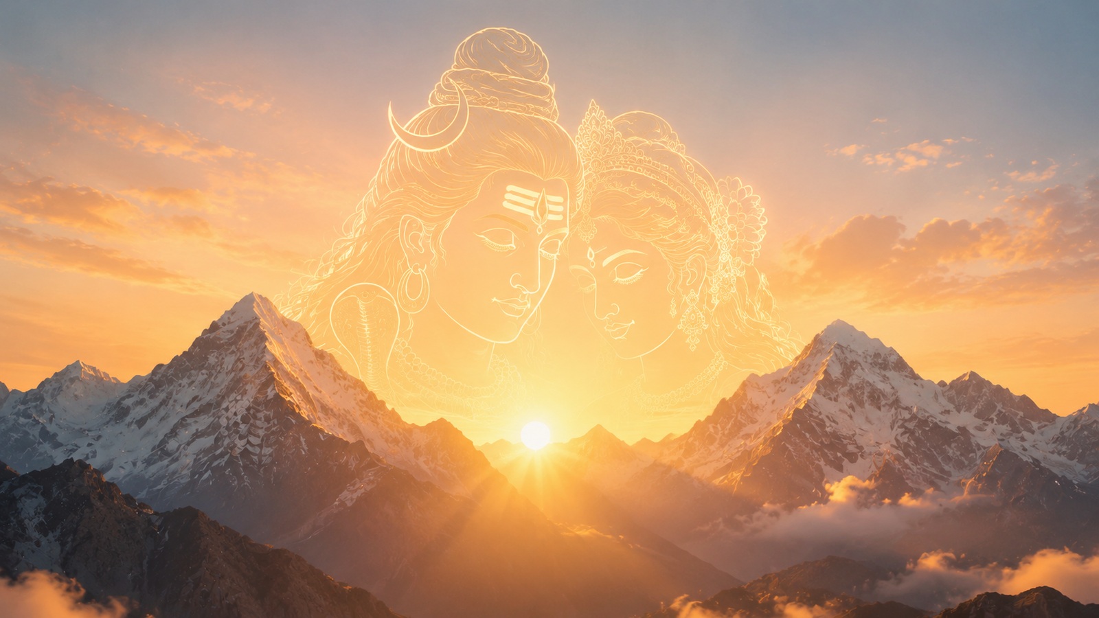 Minimalist artwork showing the silhouettes of Lord Shiva and Parvati amidst a golden sunrise.