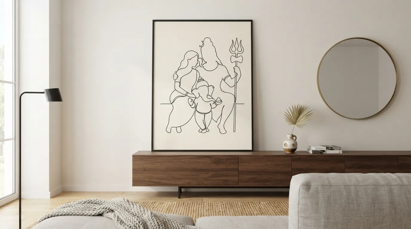 Modern minimalist line drawing of Shiva Parvati and Ganesha family bond