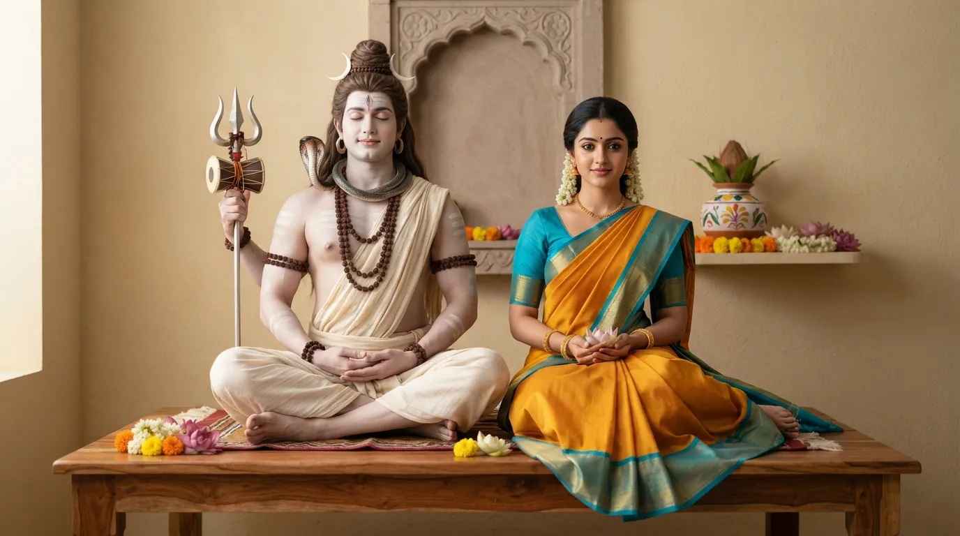 Clean and elegant depiction of a seated deity couple with classic icons
