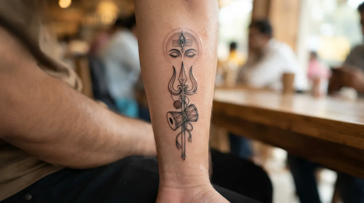 Minimalist bholenath tattoo photo featuring Trishul, Damru, and third eye on forearm