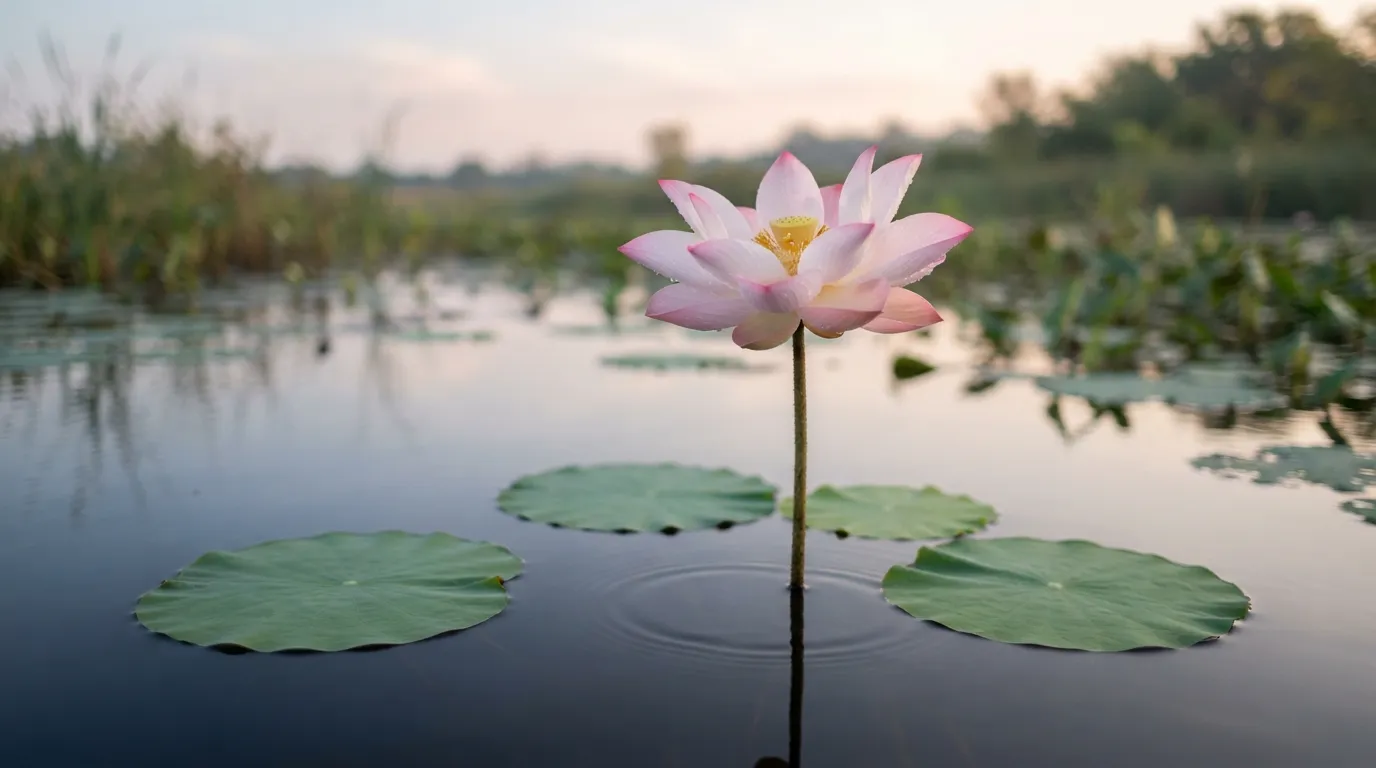 Minimalist single pink lotus flower in calm water during sunrise