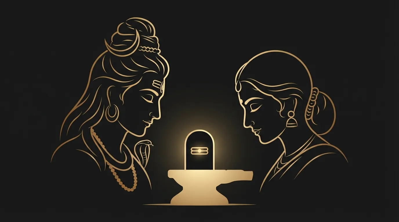 Modern minimalist silhouette artwork representing Lord Shiv Parvati with Shivling image using golden lines.