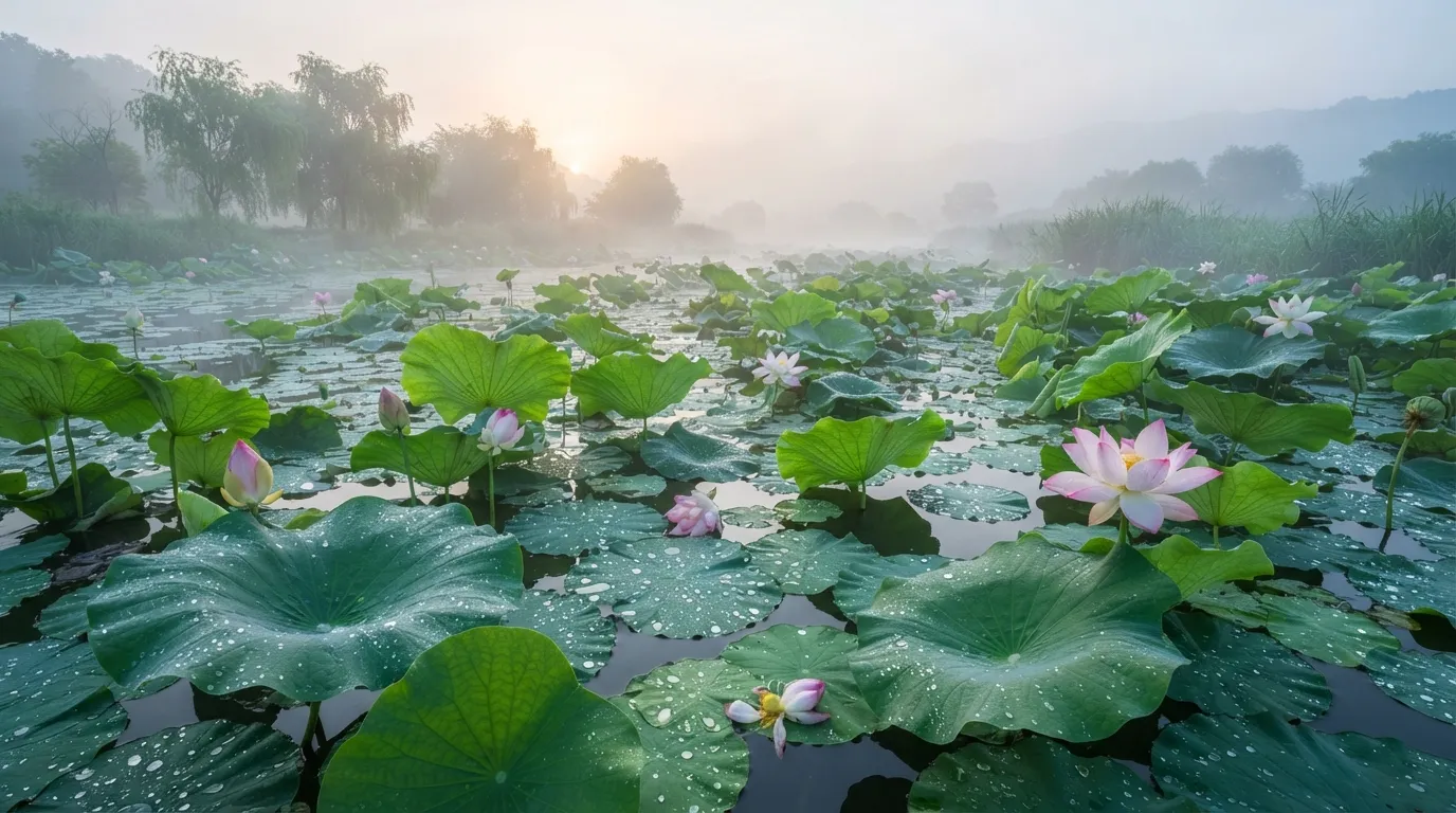 Vibrant lotus flowers and large leaves surrounded by morning mist