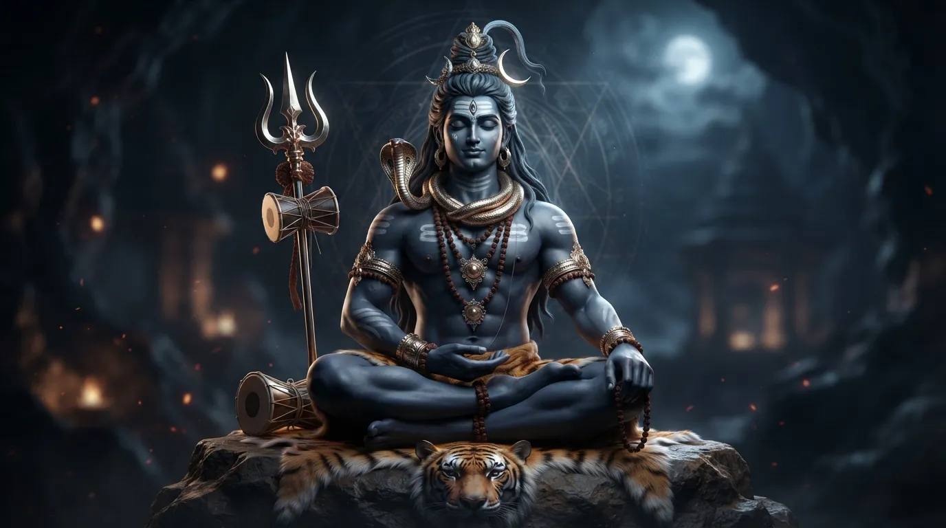 A high-quality 3D digital artwork of Lord Shiva featuring polished metallic ornaments and a clean, modern aesthetic.