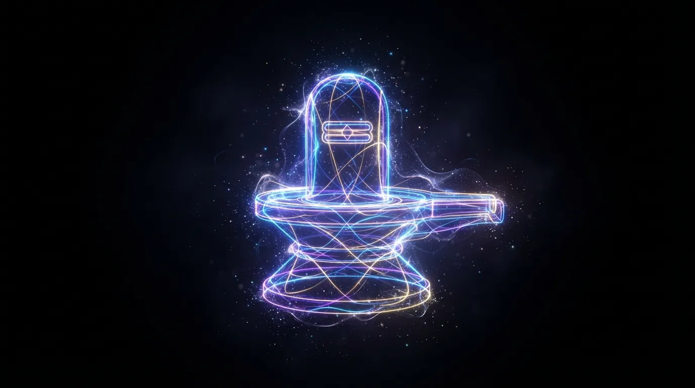 An abstract and artistic full hd conceptual image of a Shivling made from glowing neon light lines.