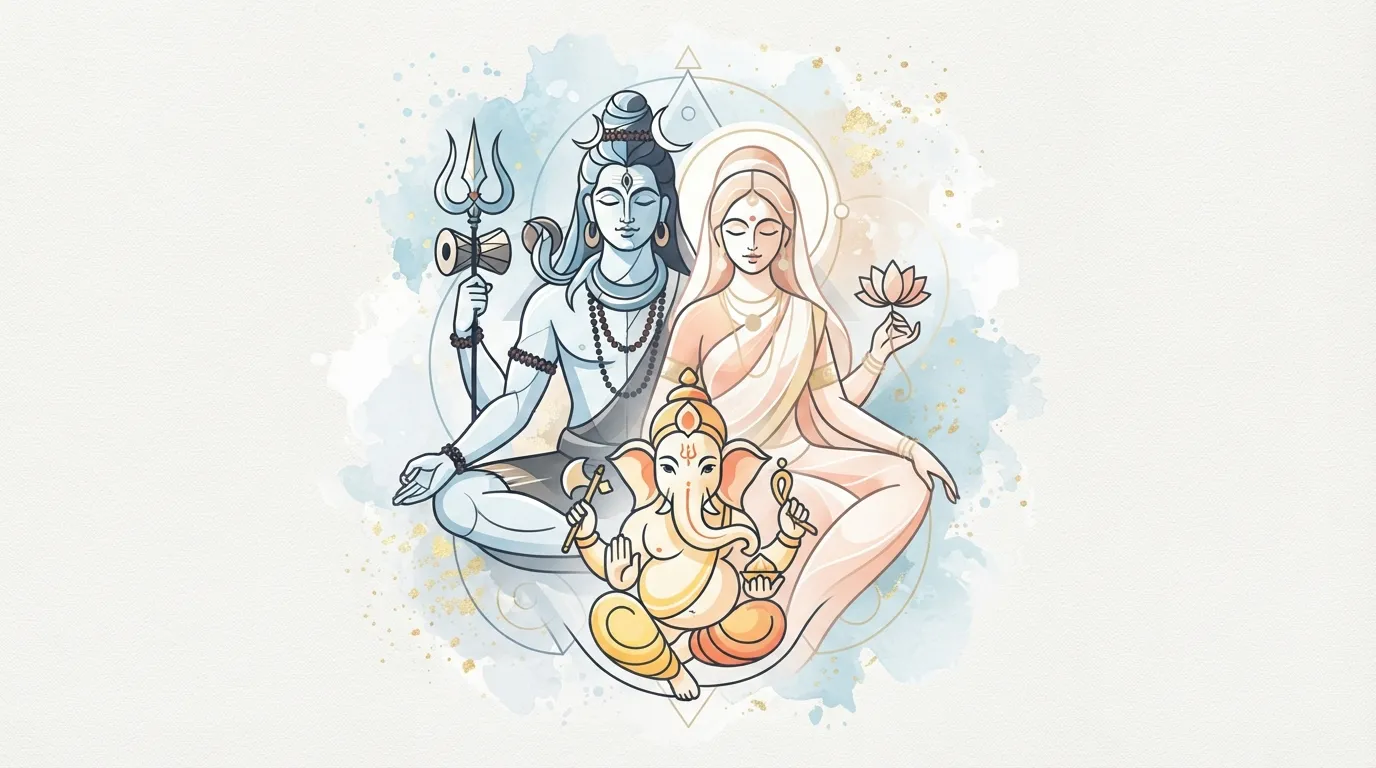 Abstract digital art of Shiv Parvati Ganesh full HD for modern home screens.