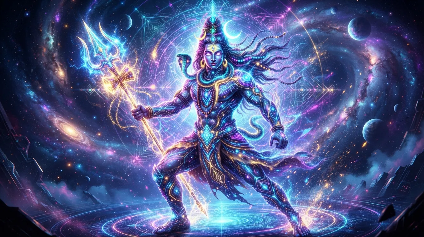 Vibrant modern digital art Bholenath photo wallpaper with glowing lines and colors.