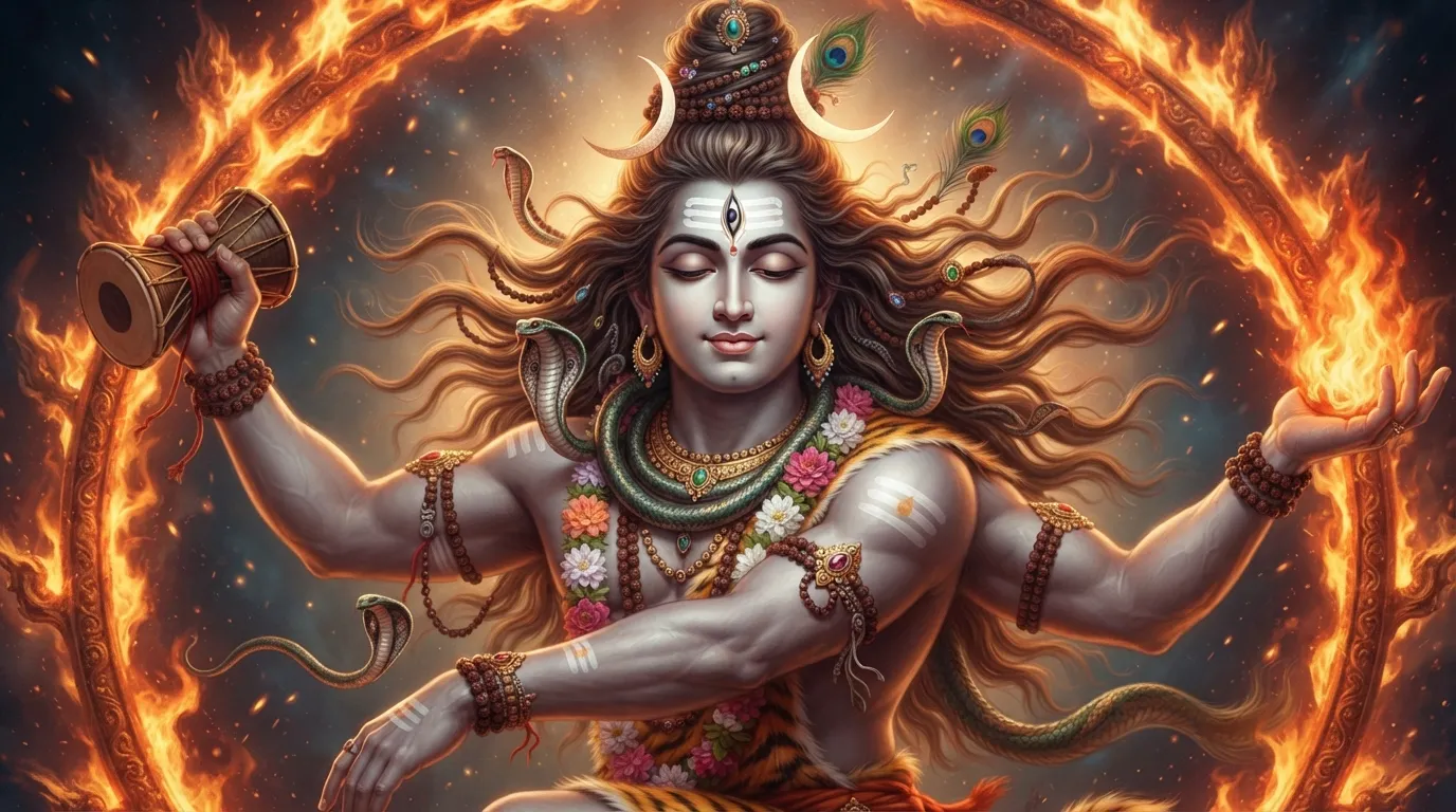 Abstract digital art illustration of dancing Lord Nataraja Shiva with vibrant colors