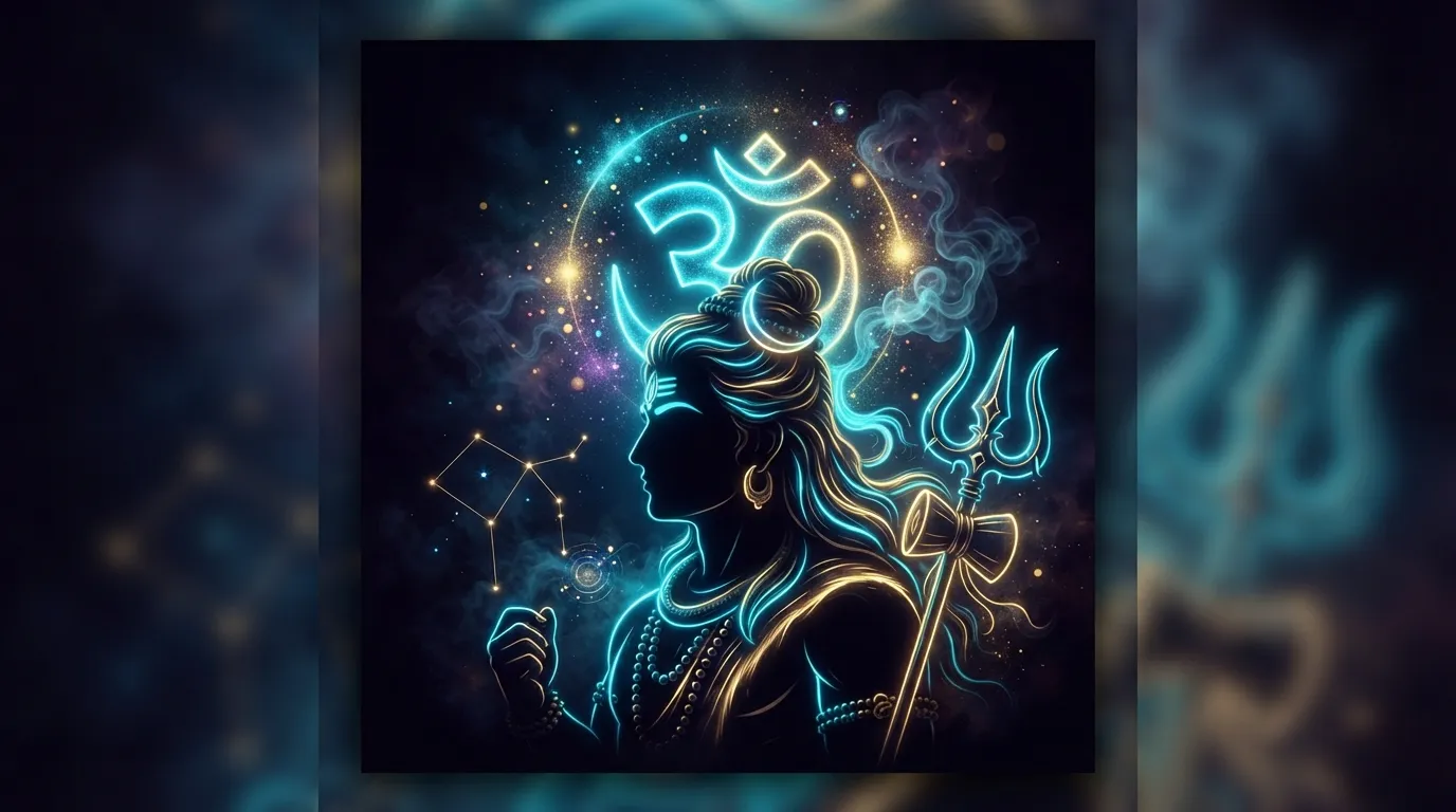 Glowing cyan and gold neon art Lord Shiva Shiv DP for WhatsApp