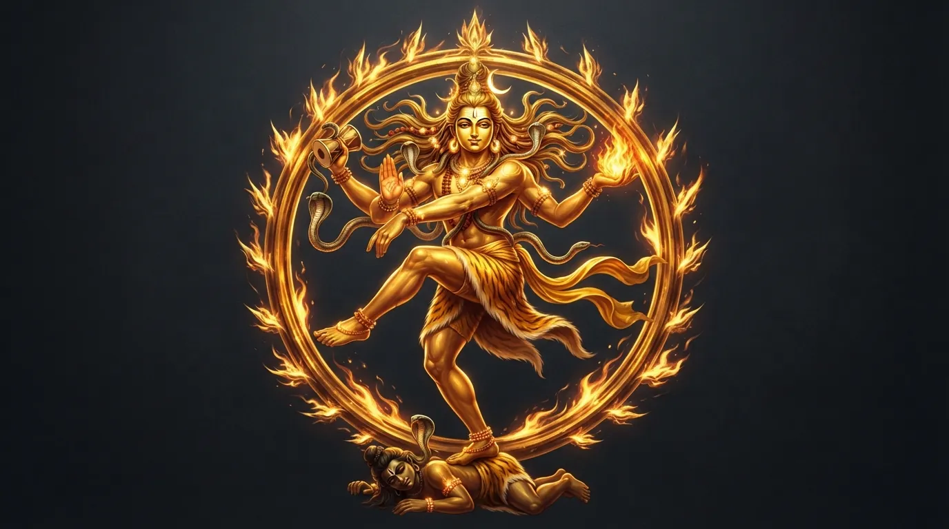 Modern digital painting of Lord Shiva Nataraja in glowing gold and orange colors