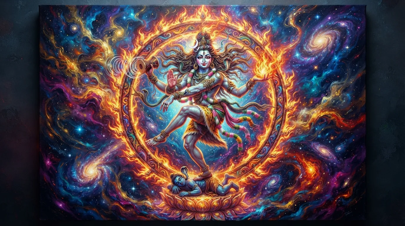 A modern painting of Lord Shiva Nataraja, rendered in a palette of vibrant colors