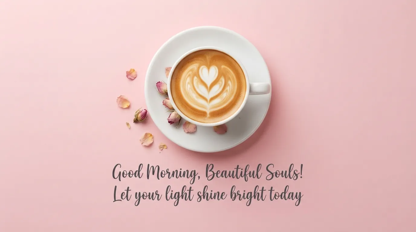 Modern design good morning image showing a coffee cup with latte art on a pastel pink background.