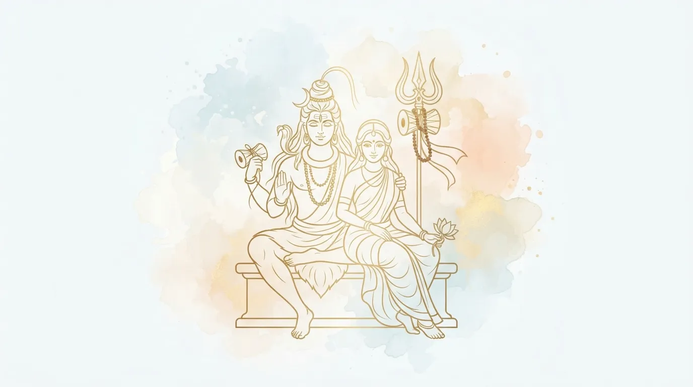 Simple elegant line art of Shiv Parvati with soft pastel watercolor background.