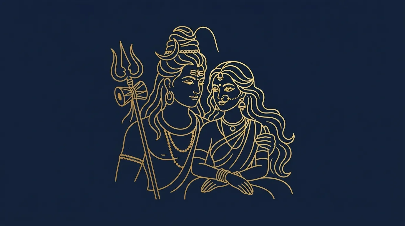 Minimalist aesthetic line art vector portrait of Lord Shiva and Parvati for WhatsApp profile.