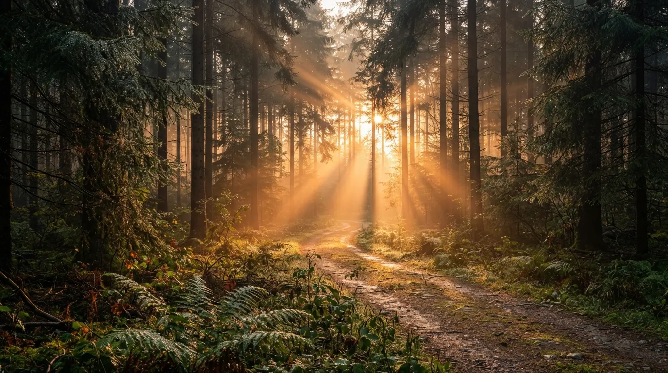 Beautiful modern good morning images of golden sunbeams through forest trees.